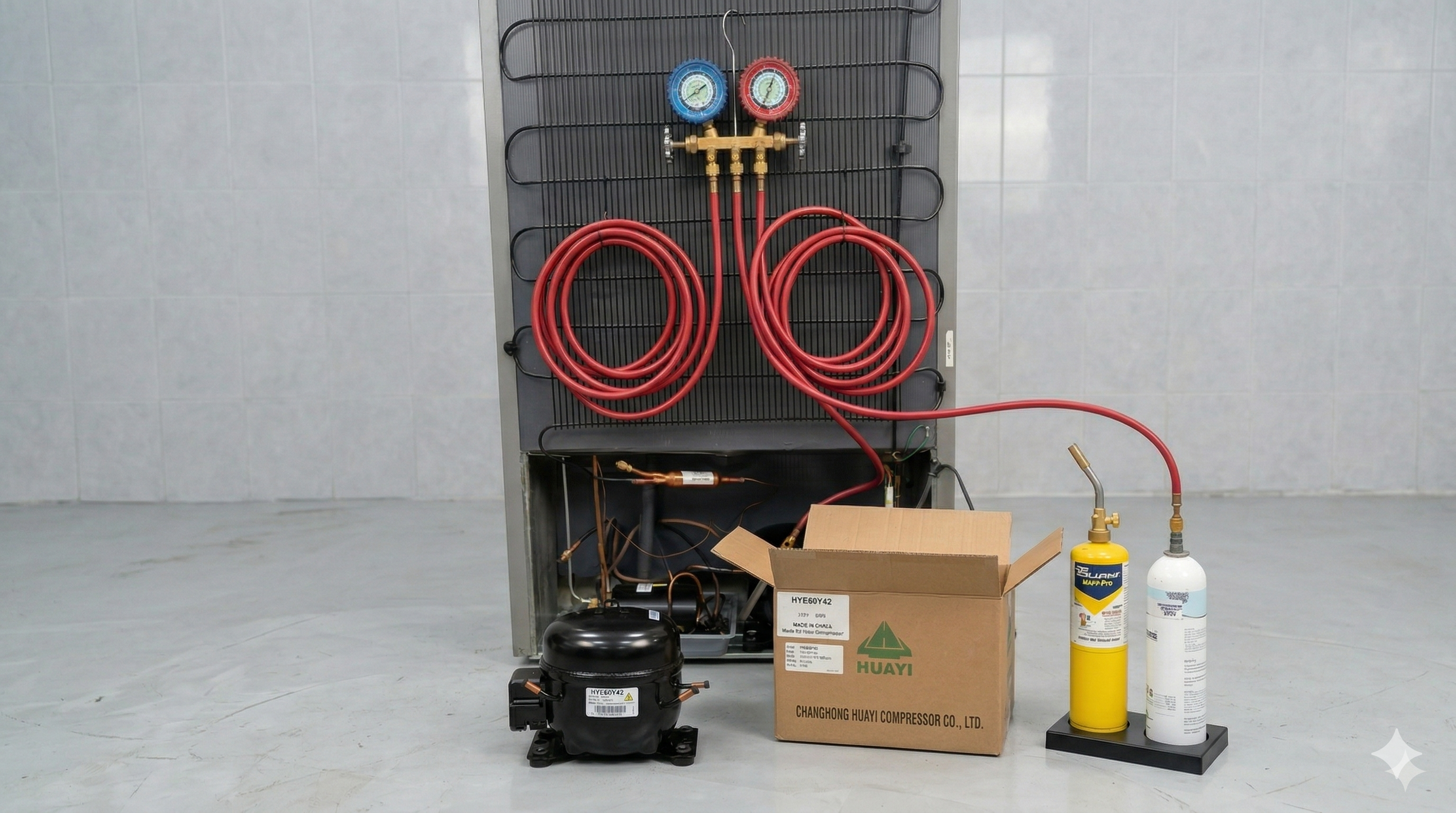 Técnico verificando y recargando gas refrigerante