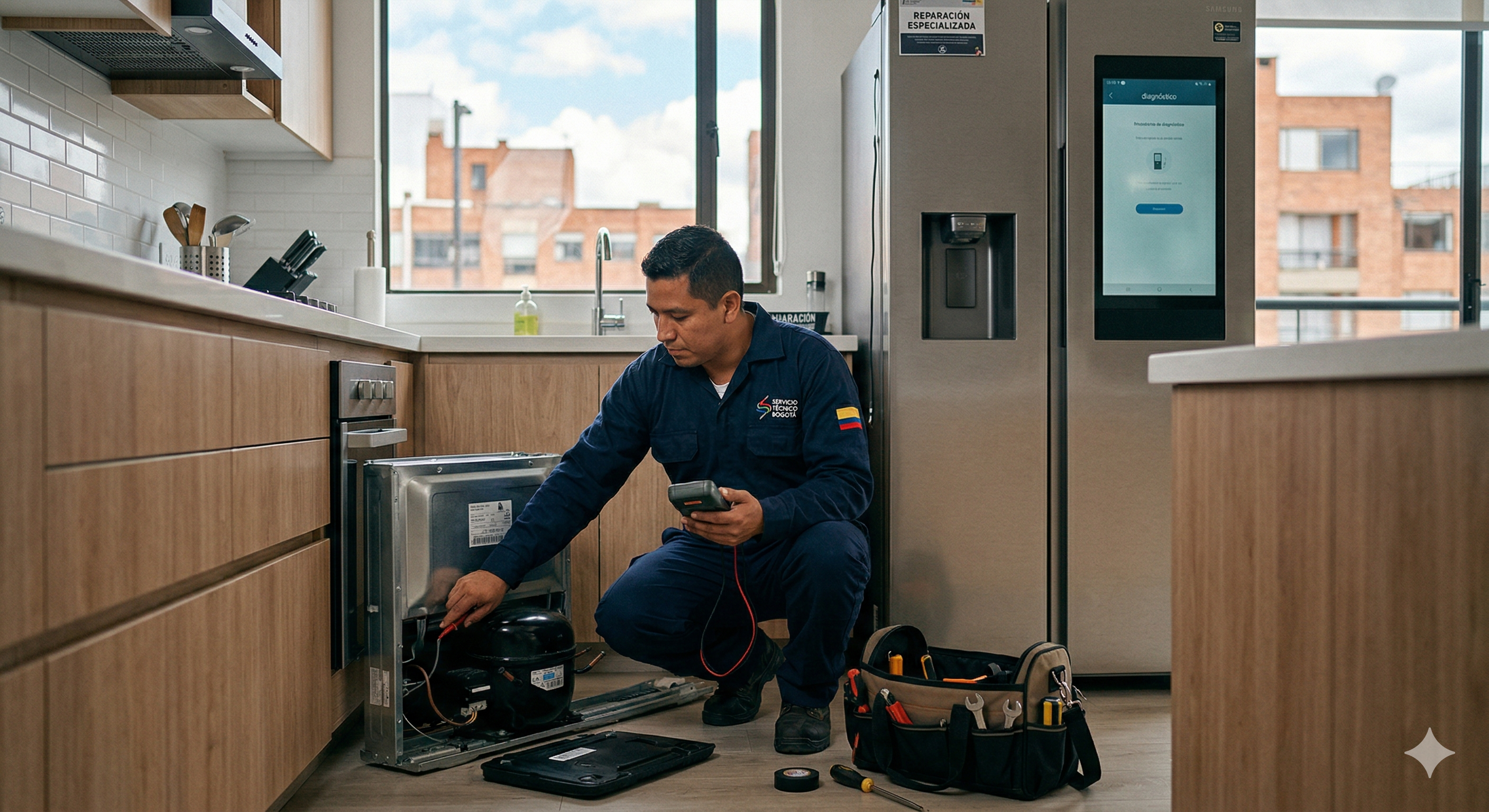 Técnico calificado reparando un nevecon moderno